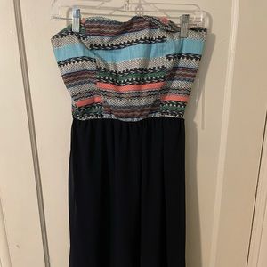 Tribal print strapless dress with navy blue skirt